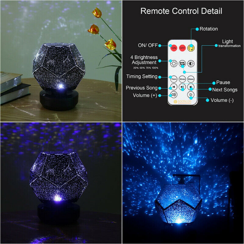 Veilleuse Projecteur Bluetooth Lecteur de Musique Rotatif 3 Couleurs Lumières Réglables Câble USB Télécommande Rechargeable