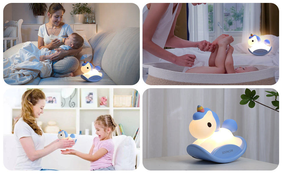 Licorne Veilleuse Lampe de Chevet Cheval à Bascule USB Rechargeable Silicone Minuterie Tactile