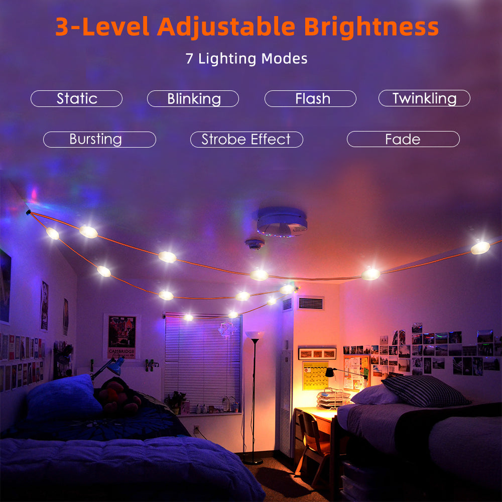 Guirlande Guinguette Lumineuse Extérieure Intérieure avec Batterie USB Rechargeable Solaire à 12+5 LEDs de 9M Détachable 7 Modes d’Éclairage Réglable.